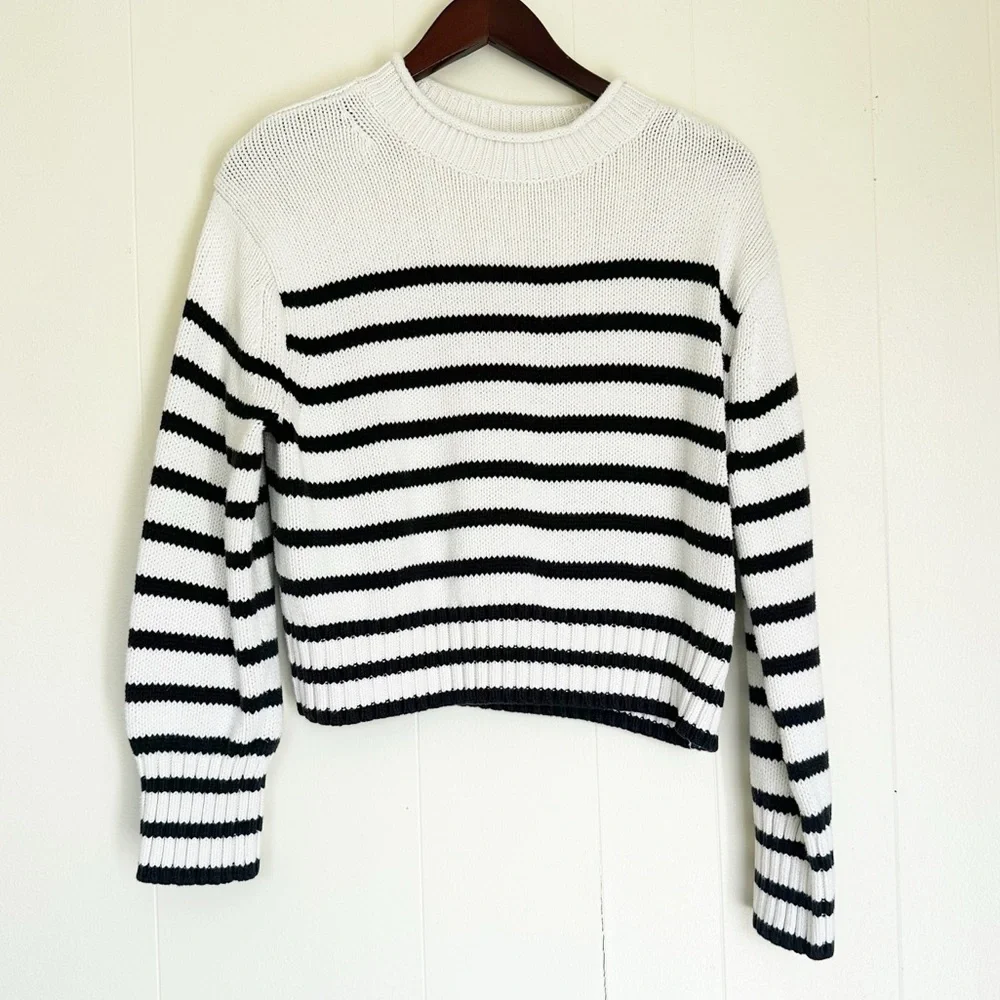 J. CREW Heritage Cotton Rollneck Sweater Stripe Ivory Black Small NWT - Picture 3 of 9